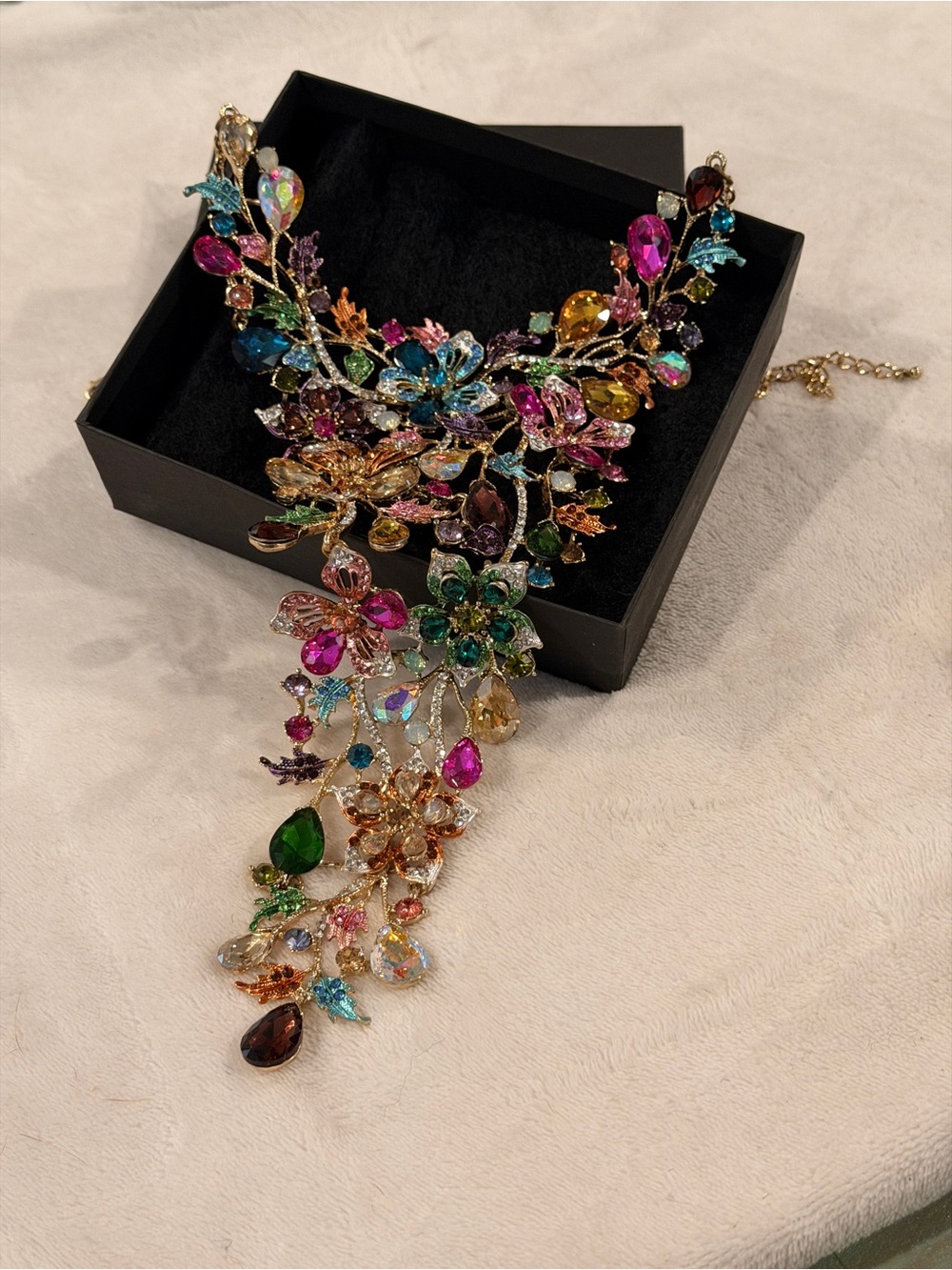 NWT Statement Crystal Floral Waterfall Necklace Rainbow Rhinestone Glam